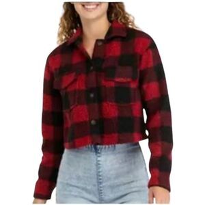 Love,Fire Jacket Plaid Zipper Cropped Red Black Fleece Size 1X